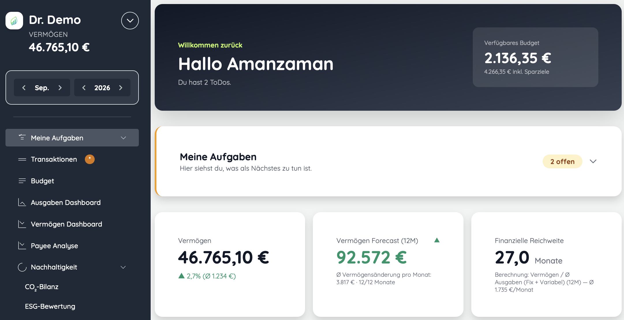 Amanzaman-Startseite mit verfügbarem Budget, Aufgaben und Vermögensübersicht.