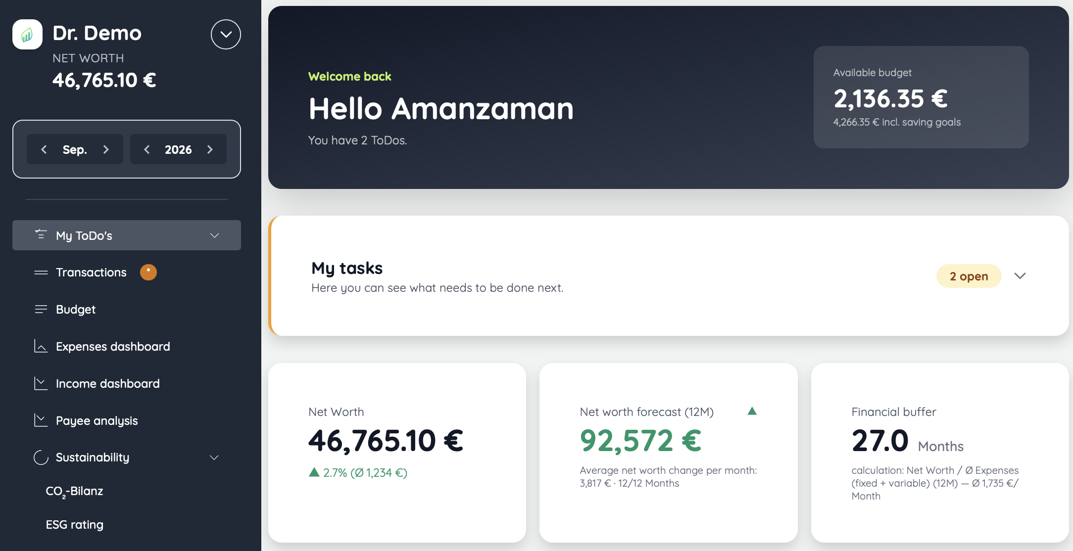 Amanzaman dashboard showing available budget, tasks, and net worth overview.