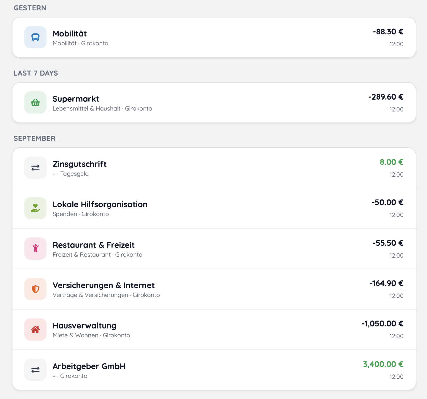 Amanzaman transaction overview with categories and amounts.